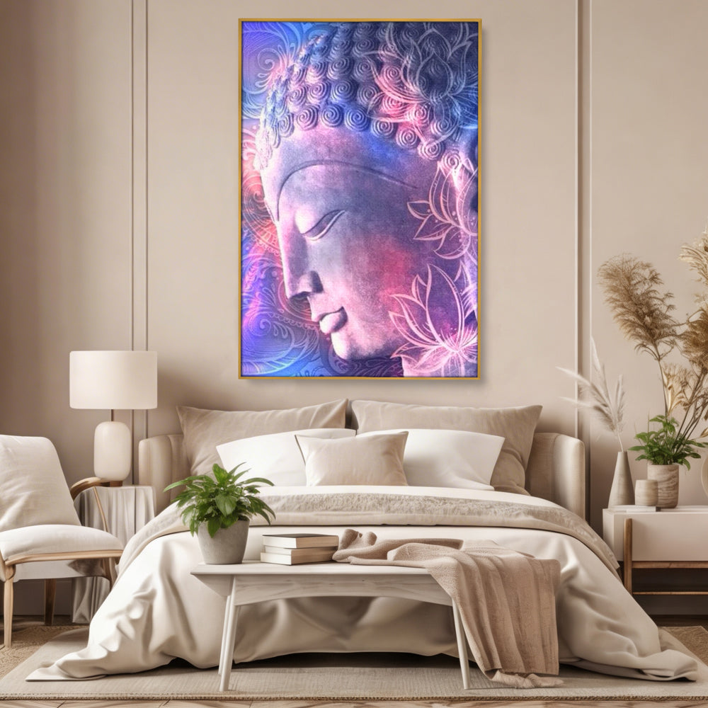 Tablou canvas cu tablou vertical cu profil de buddha, in rama de aluminiu auriu, pe perete intr-un dormitor